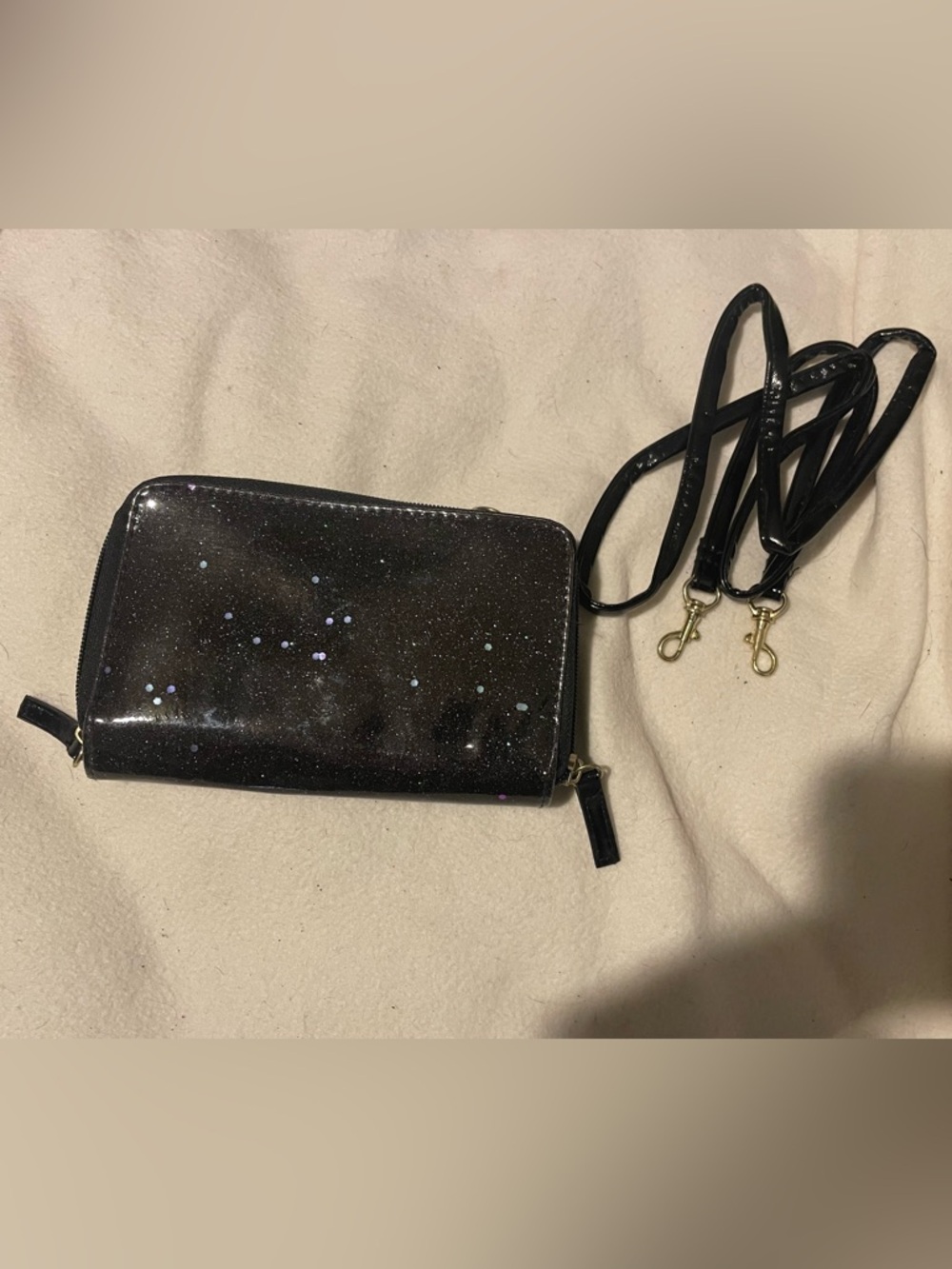 Black Glitter Crossbody Wallet with Detachable Strap